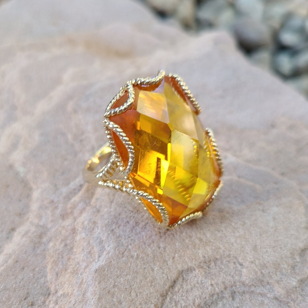 925 Sterling Silver Large Amber Colored Crystal Statement Cocktail Ring Vintage